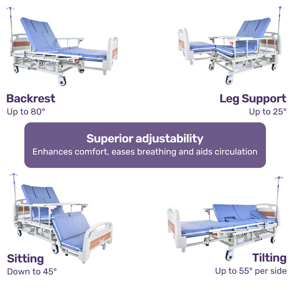 EQUIPMED Medical Bed, w/ Mattress & Over Bed Table, Back and Leg Lifting, Lateral Tilting, Commode Bowl, IV Pole, Home Aged Care or ICU Hospital