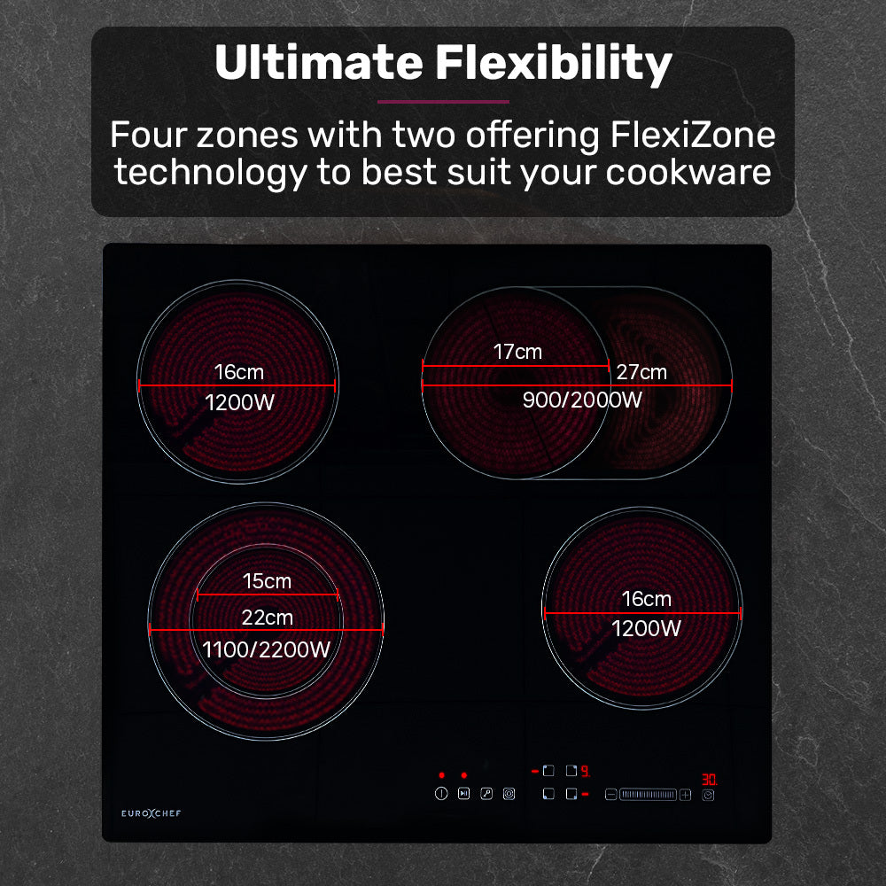 EuroChef 60cm 4 Zone Ceramic Cooktop, 6600W Electric, FlexiZone Adjustable Size Hobs, Touch Controls