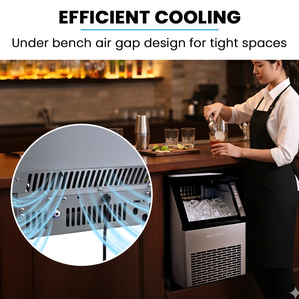 POLYCOOL Commercial Ice Maker Machine, up to 45kg/24hr, Timer & Self Cleaning Programs