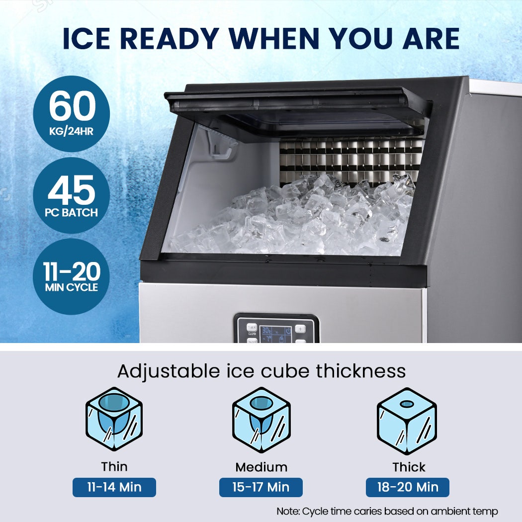 POLYCOOL Commercial Ice Maker Machine, up to 60kg/24hr, Timer & Self Cleaning Programs