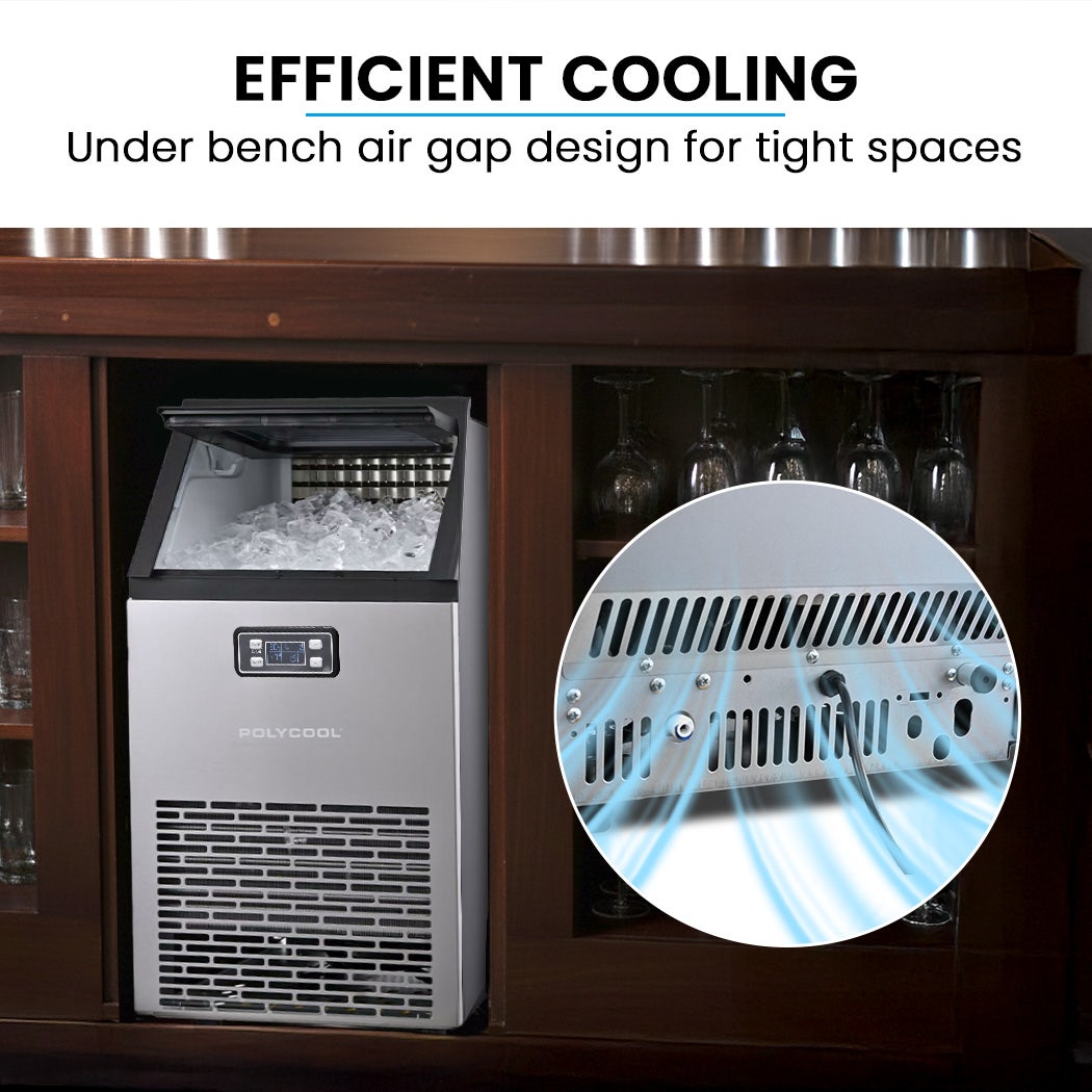 POLYCOOL Commercial Ice Maker Machine, up to 60kg/24hr, Timer & Self Cleaning Programs