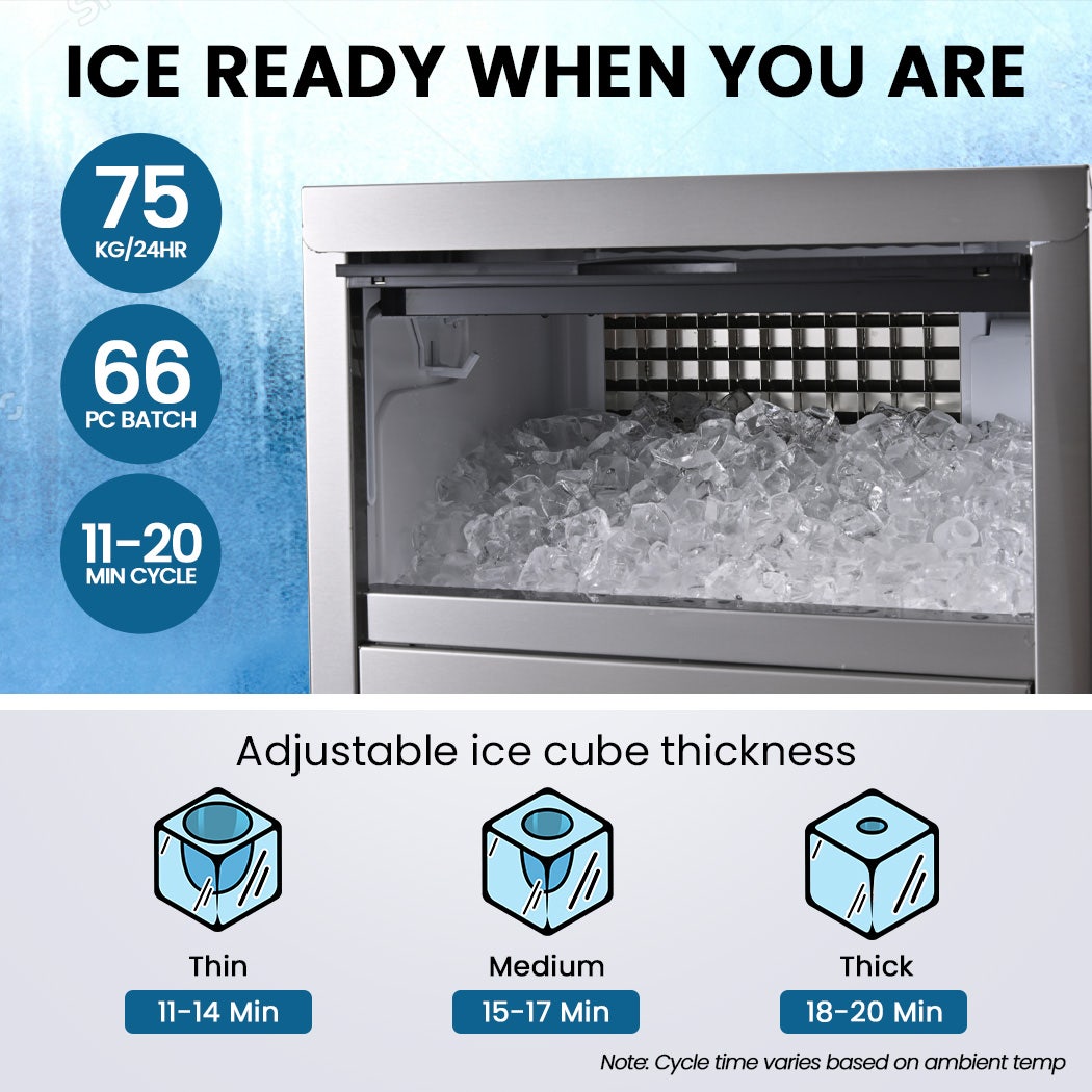 POLYCOOL Commercial Ice Maker Machine, up to 75kg/24hr, Timer & Self Cleaning Programs