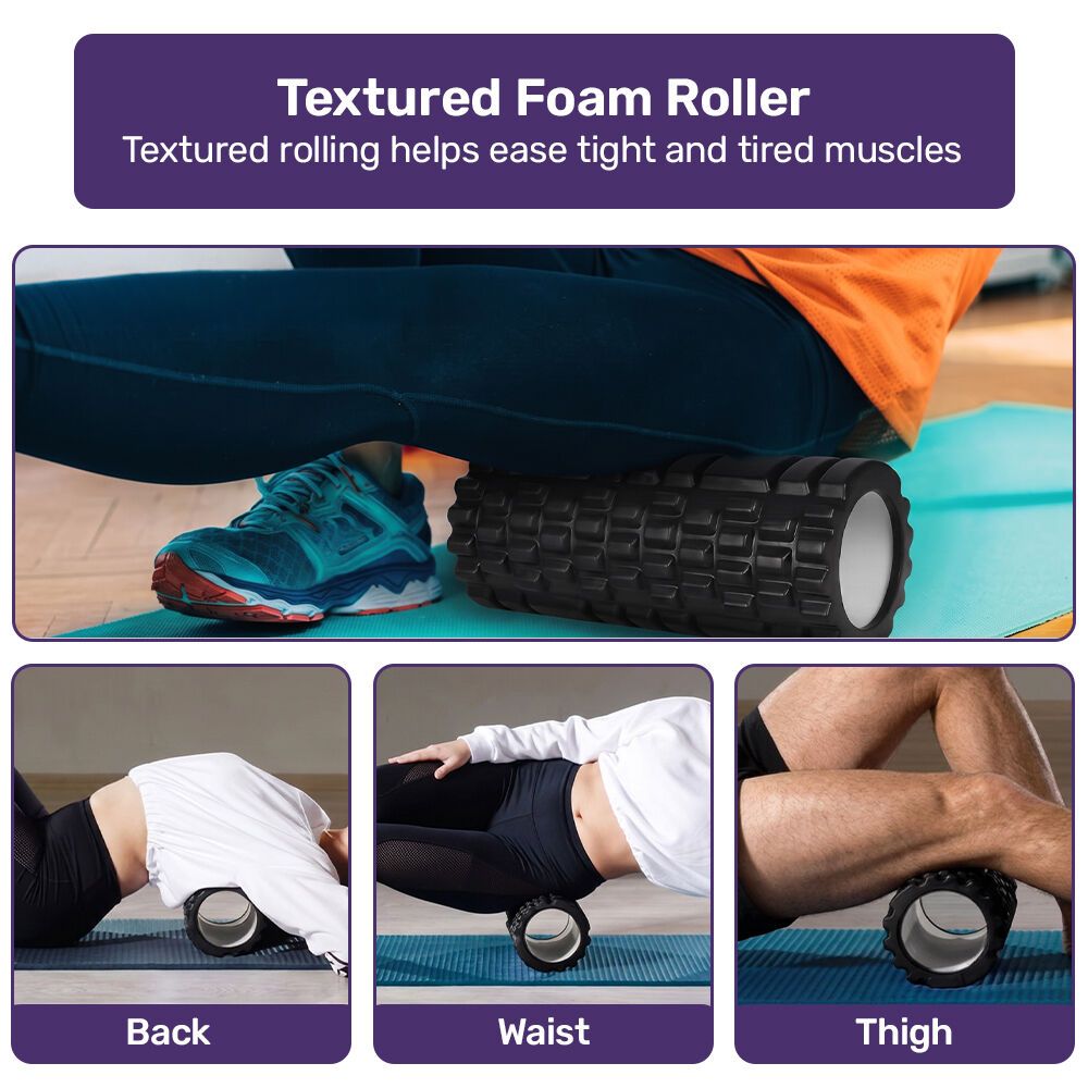 PROFLEX 6-Piece Foam Roller & Massage Set with Massage Stick, Balls, Stretching Band & Carry Bag, Black