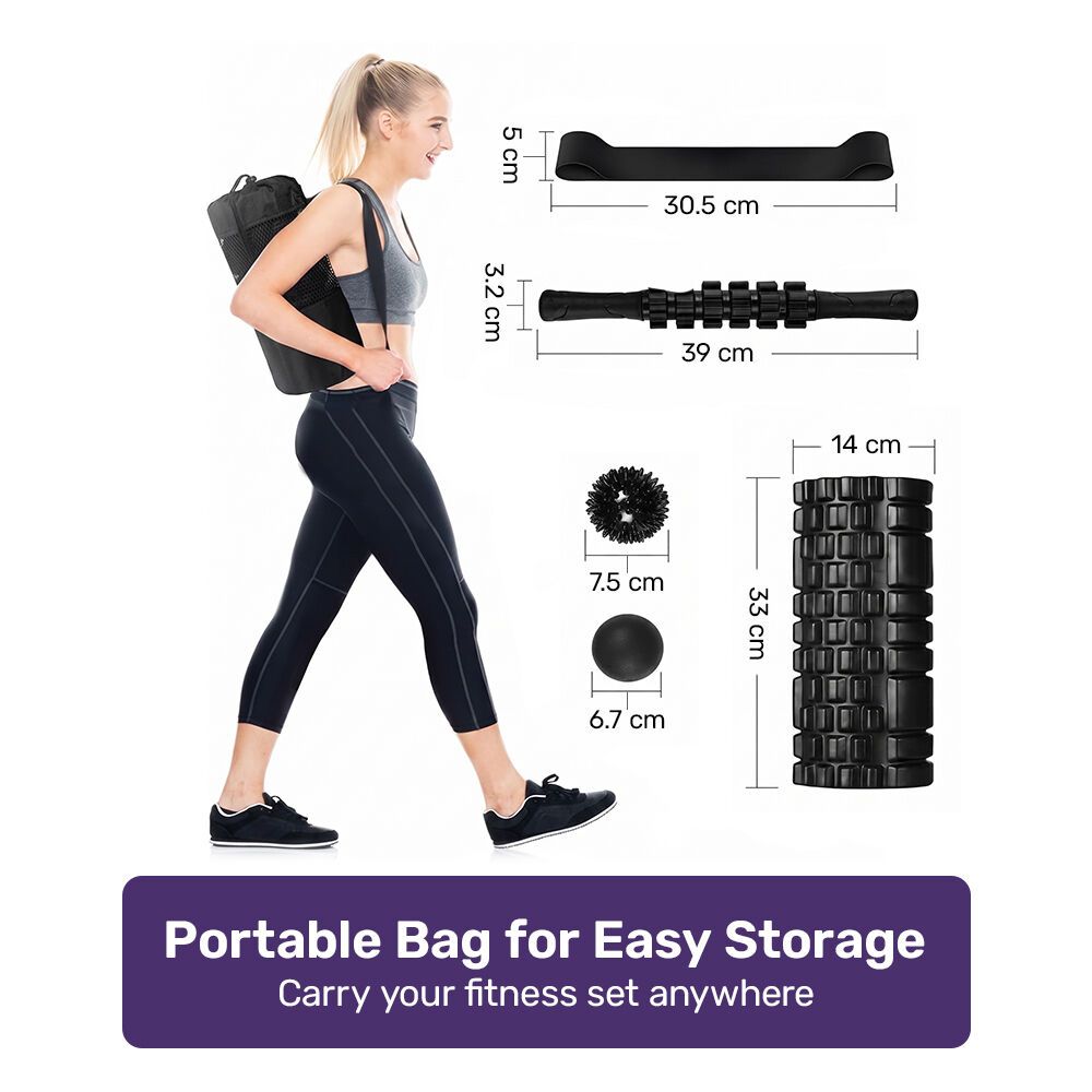 PROFLEX 6-Piece Foam Roller & Massage Set with Massage Stick, Balls, Stretching Band & Carry Bag, Black
