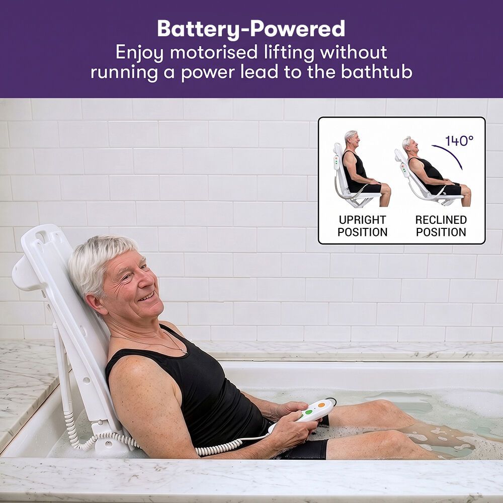 EQUIPMED Motorised Bath Lift Chair, Electric Battery Operated Reclining Seat, Bathing Aid for Elderly & Disabled, 136kg Capacity White