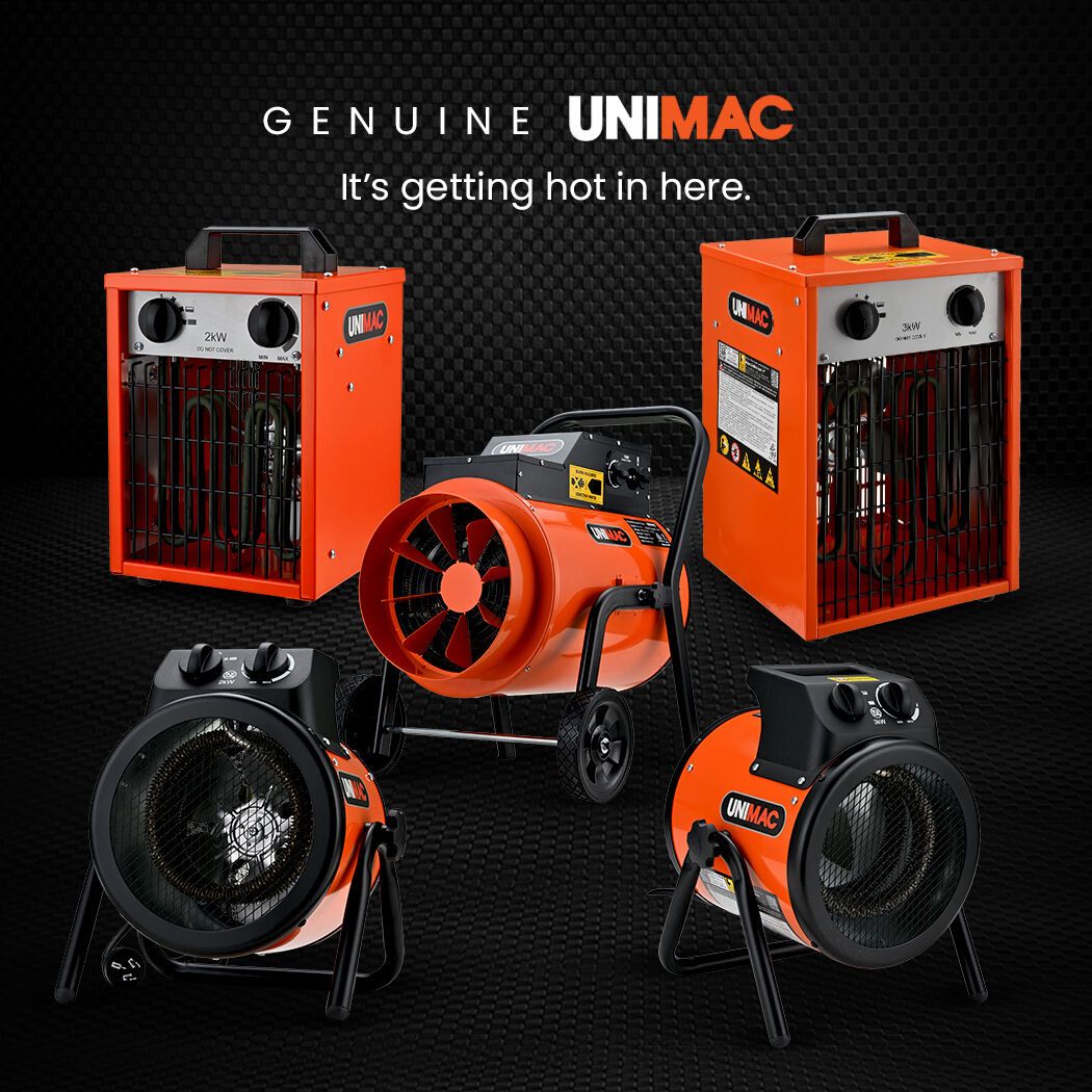 UNIMAC 2kW Industrial Electric Fan Heater, 2 Heat Settings, Fast Heating, Compact Portable Box Design for Workshop and Garage Use