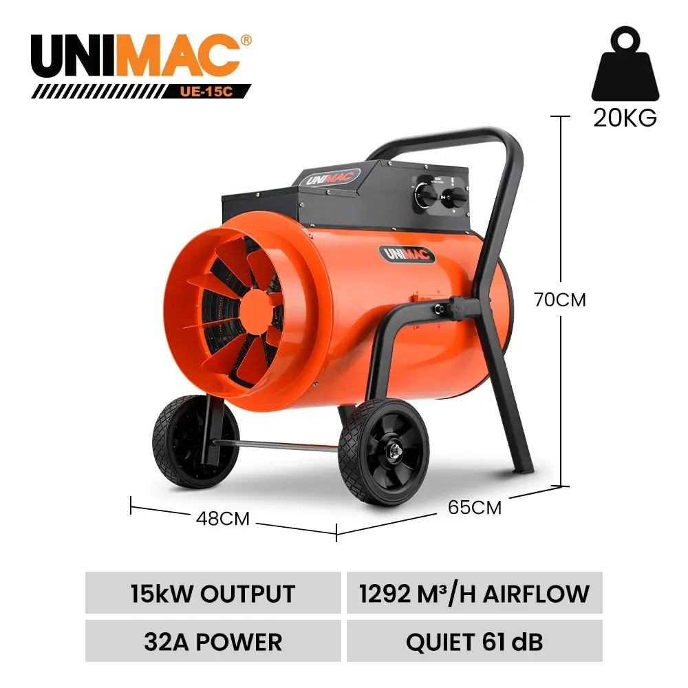 UNIMAC 15kW Portable Industrial Electric Space Fan Heater, 32A 3 Phase, Wheel Mounted, Adjustable Thermostat, High Power for Workshop and Warehouse Use