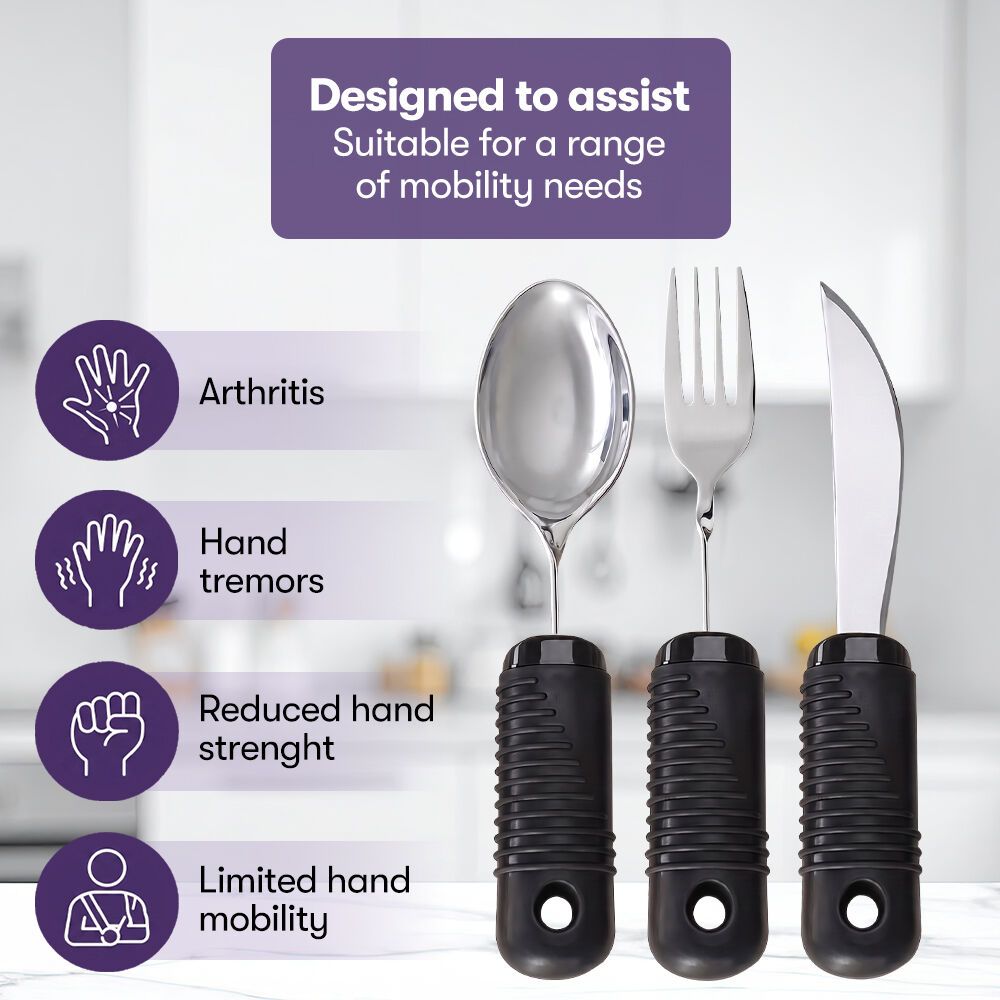 EQUIPMED Adaptive Non-slip Grip Cutlery Set, Bendable Fork and Spoon, Curved Easy Cut Knife, Large Ergonomic Handles, Arthritis & Limited Dexterity Eating Aid