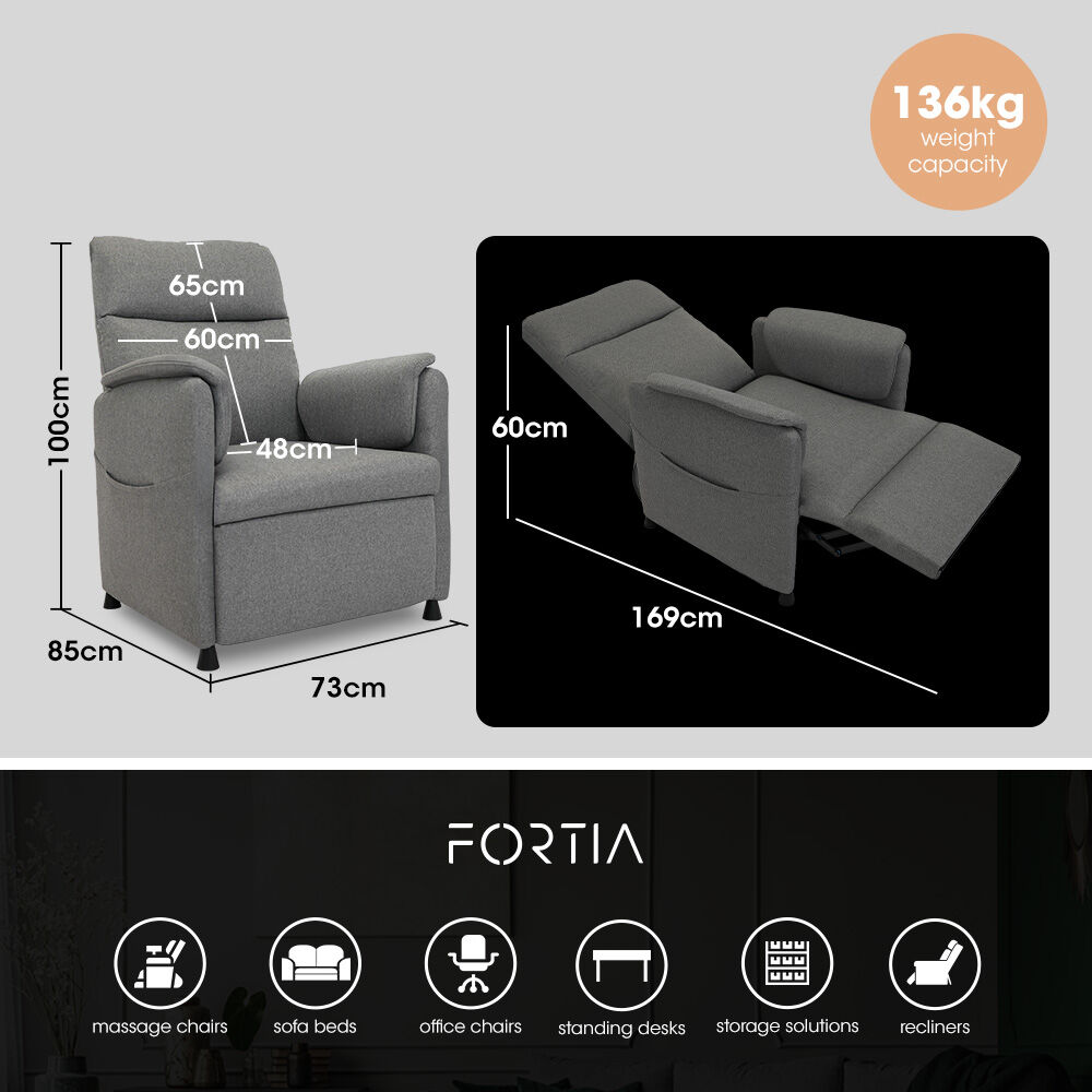 FORTIA Electric Armchair Recliner, Single Fabric Chair, Grey