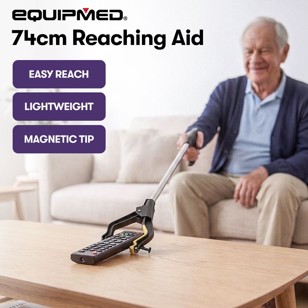 EQUIPMED 74cm Long Reach Grabber Reacher Aid, Deluxe Magnetic Pick Tip, Key Hook, Lockable Nonslip Rubber Jaws, Lightweight Alloy, Easy Reach for Seniors