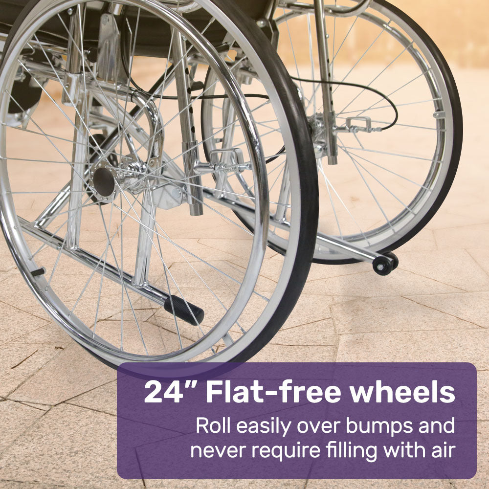 Equipmed Folding Manual Reclining Wheelchair Self Propelled, 24" Rear Wheels, Chrome Steel Frame, 46cm Wide Seat, 100kg Capacity, Park Brakes