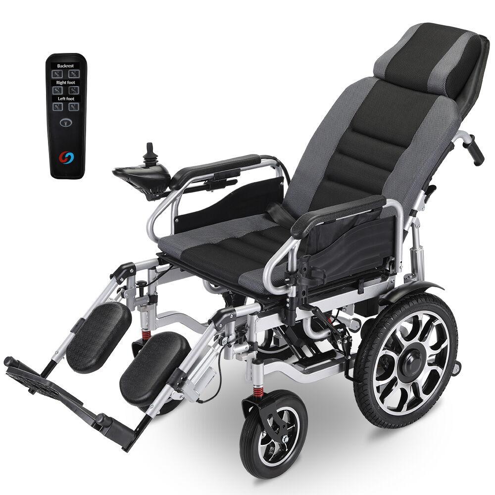 EQUIPMED Power Electric Wheelchair, Long Range, Auto Recline, Lithium Battery, 16" Rear Wheels, Headrest, Folding, Grey/Black