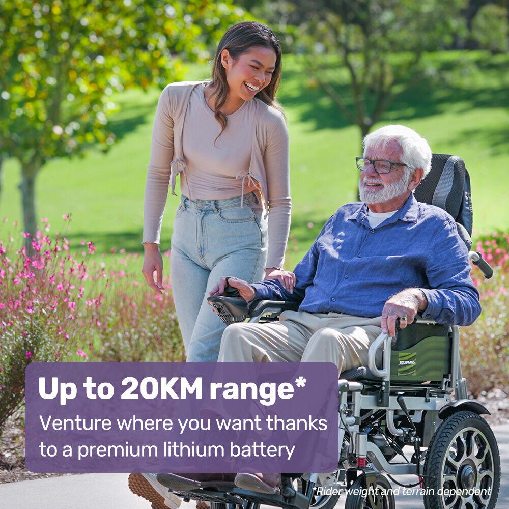 EQUIPMED Power Electric Wheelchair, Long Range, Auto Recline, Lithium Battery, 16" Rear Wheels, Headrest, Folding, Grey/Black