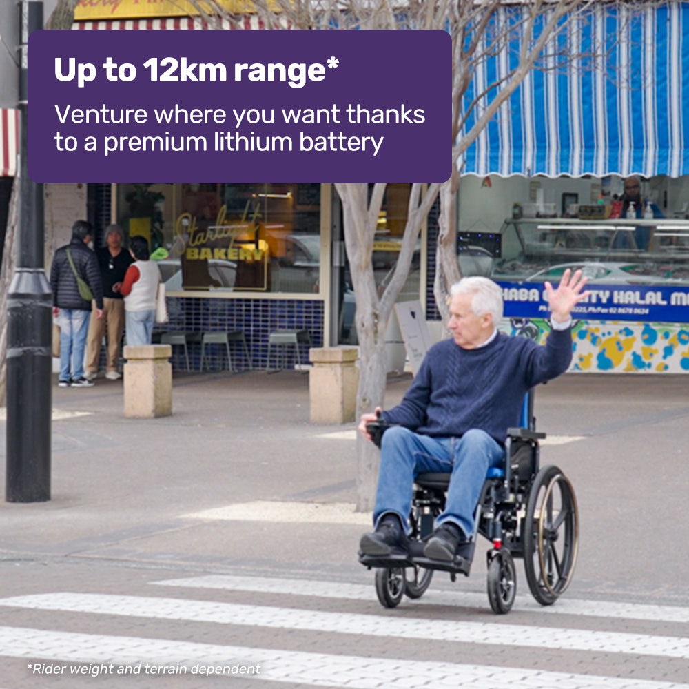 EQUIPMED Electric Wheelchair Folding, Long Range, Airline Approved, Lithium Battery, 24" Light Rear Wheels, Matte Black/Blue