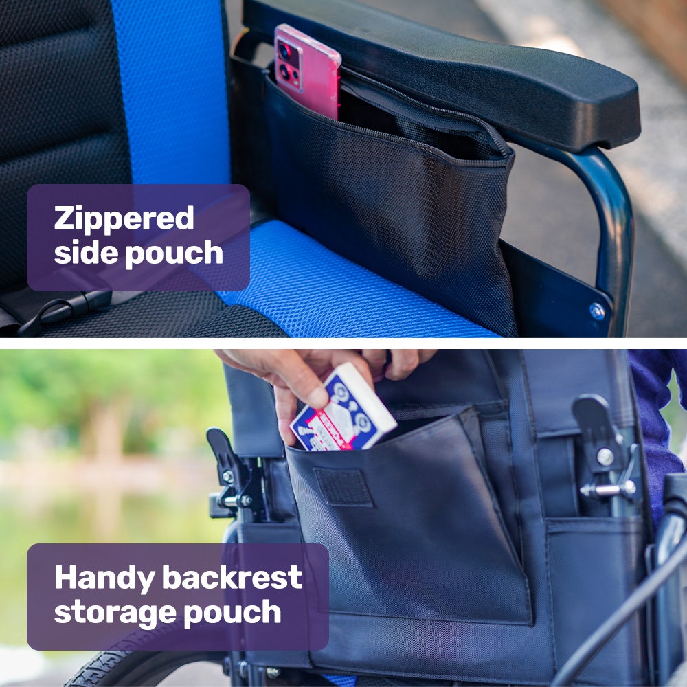 EQUIPMED Electric Wheelchair Folding, Long Range, Airline Approved, Lithium Battery, 24" Light Rear Wheels, Matte Black/Blue