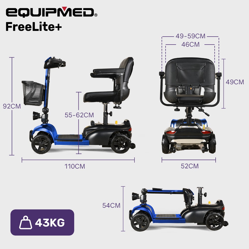 EQUIPMED FreeLite+ Mid-Sized Electric Foldable Mobility Scooter, Lithium Battery, Long Range and Easy Charging, Blue