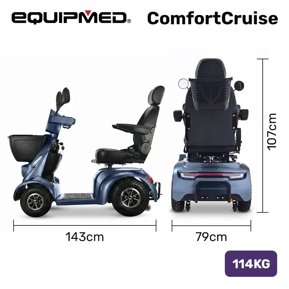EQUIPMED ComfortCruise Large Mobility Scooter, 15km/h Top Speed, Up to 45km Range, Strong Climbing, 180kg Capacity, Blue