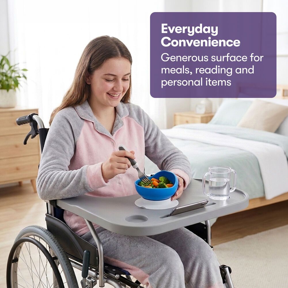 EQUIPMED Wheelchair Lap Tray with Cup Holder & Device Slot, Grey
