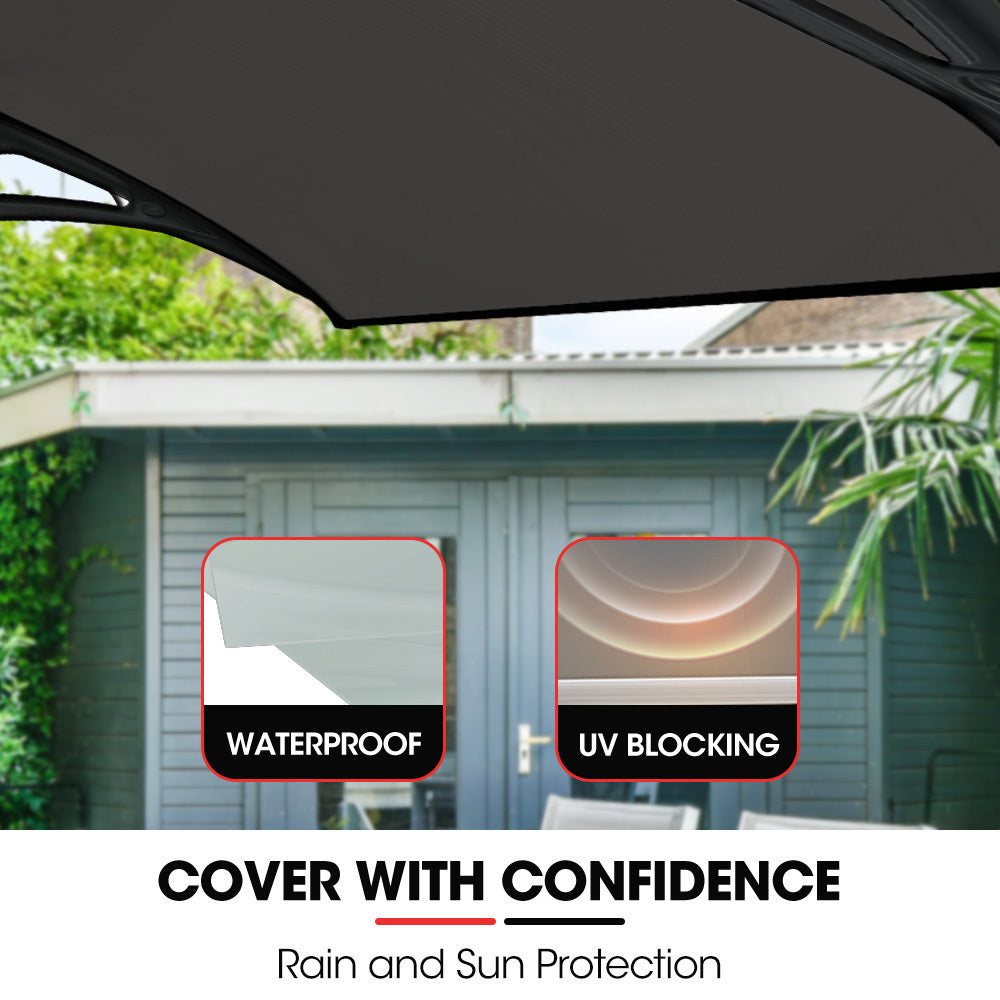 SHADE SHIELD 2x1m Aluminium Exterior Awning, Black DIY External UV Rain Protection Grey Tinted Polycarbonate Canopy Cover