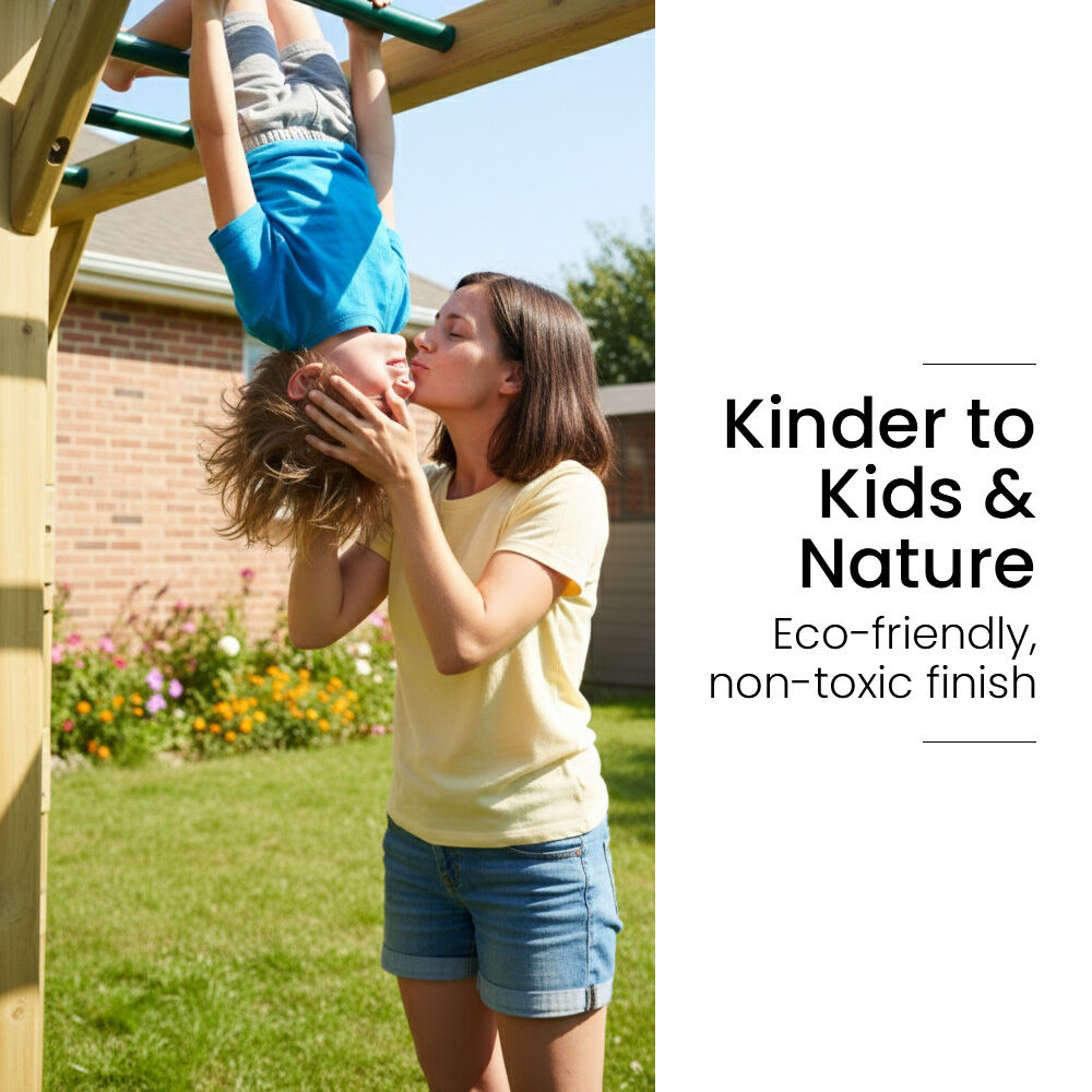 ROVO KIDS Ultimate Outdoor Monkey Bars Playset Frame, with Climbing Wall, Disc Swing, Rope Ladder