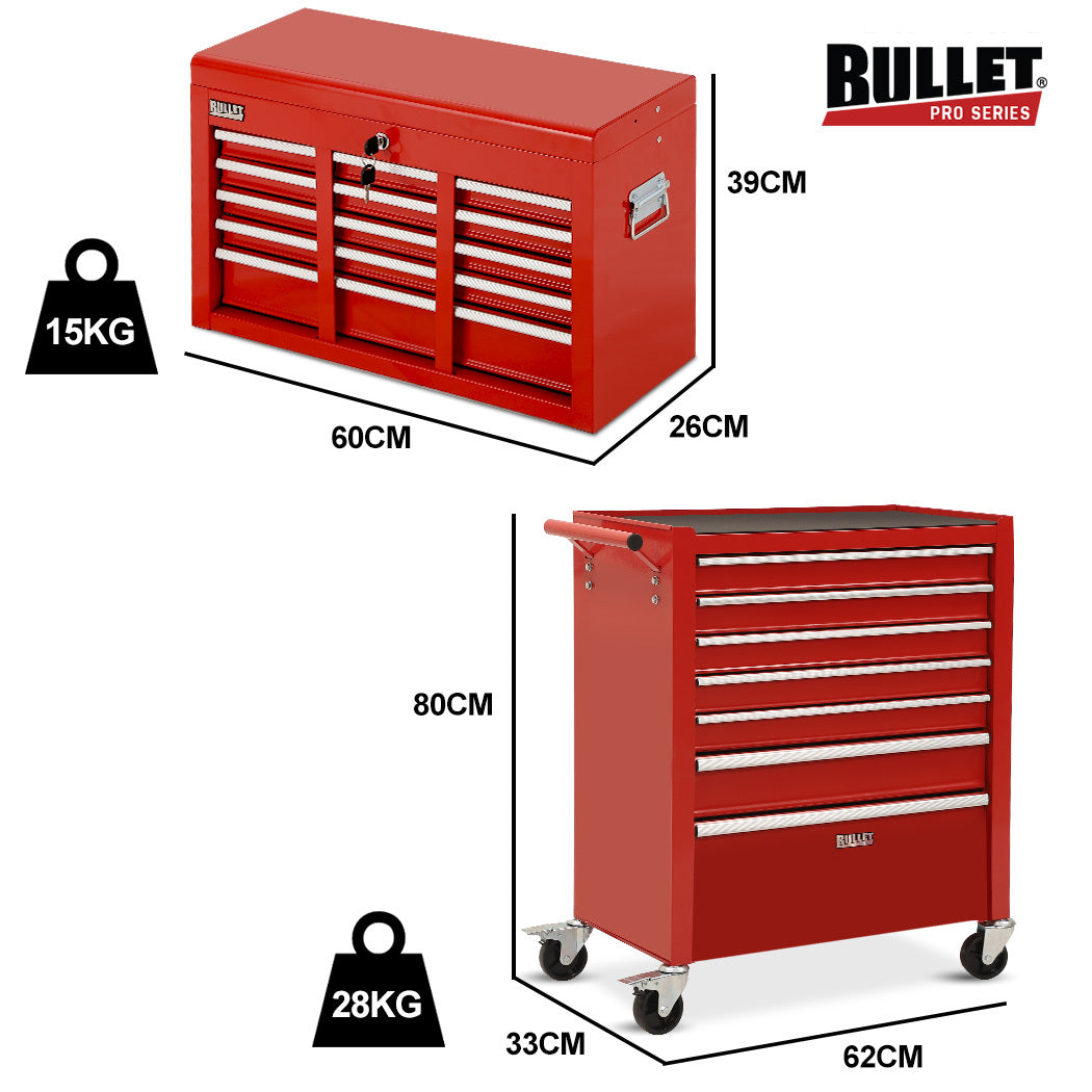 Bullet Pro 16 Drawer Tool Box Cabinet Chest Storage, Toolbox Garage Organiser Set, Red