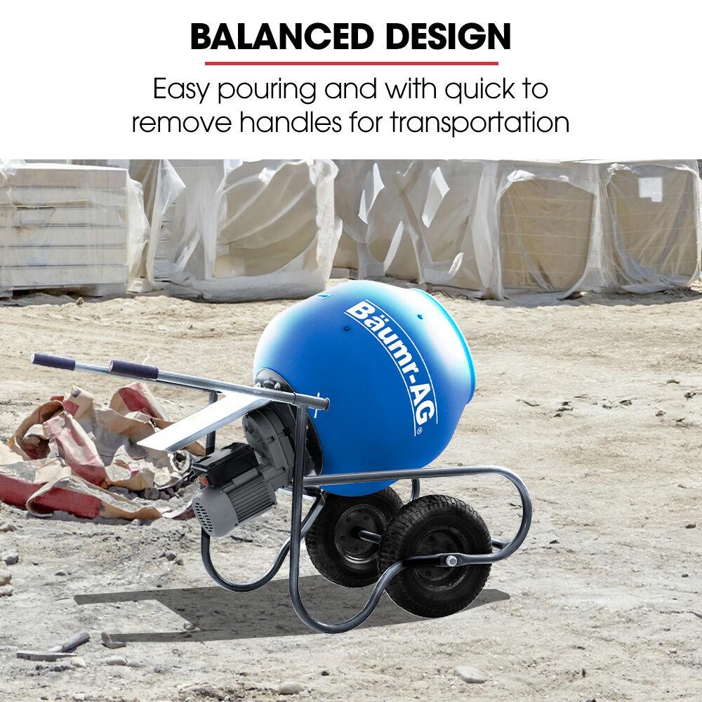 BAUMR-AG 100L Portable Poly Drum Cement Concrete Mixer, Ultra-Light 36kg, 16 Inch Tyres, Electric Direct Drive Motor