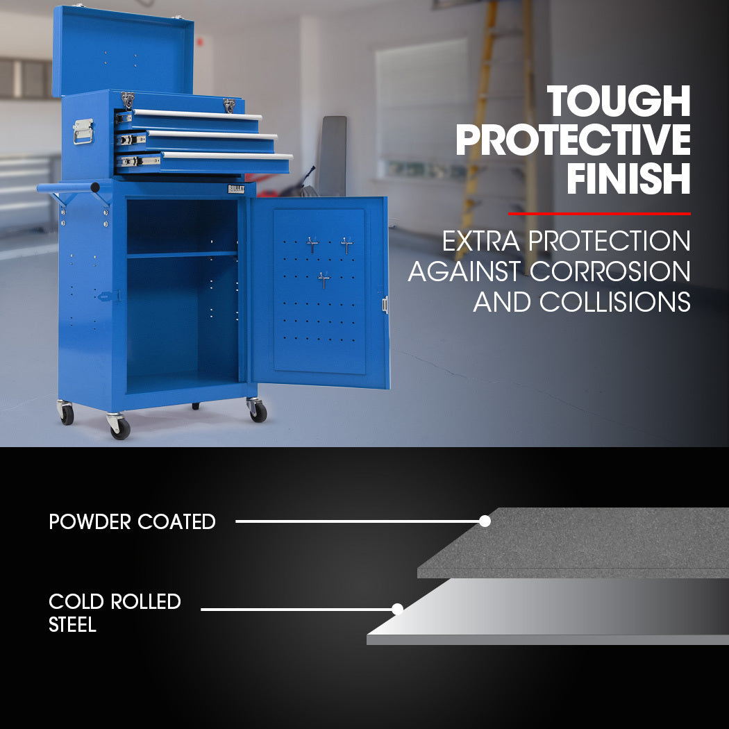 Bullet Pro 3 Drawer Tool Box Cabinet Trolley Storage, with 1-Door Toolbox Garage Organiser Set, Blue