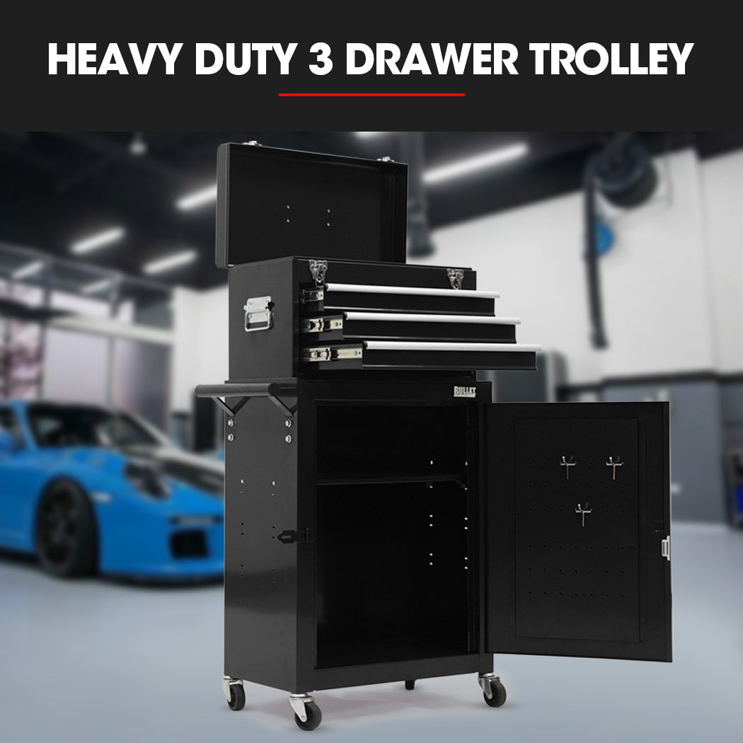 Bullet Pro 3 Drawer Tool Box Cabinet Trolley Storage, with 1-Door Toolbox Garage Organiser Set, Black