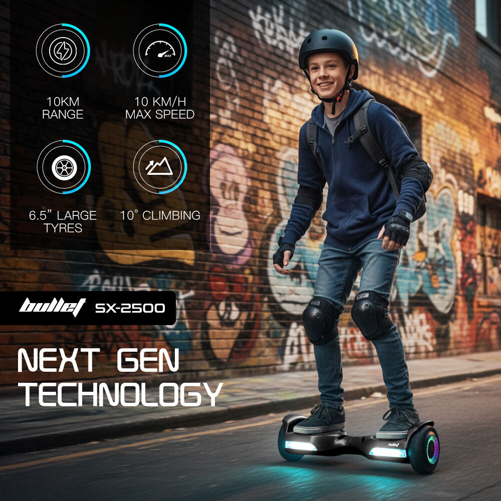 BULLET SX-2500 Hoverboard Scooter, 500W Brushless, UL Certified, AU Compliant, 6.5-inch Off-Road Style Tyres, Superior Self Balancing System, LED Lights, Black