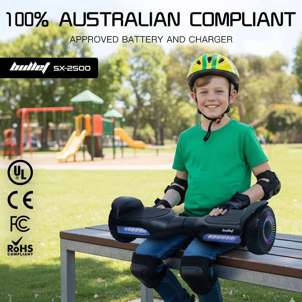 BULLET SX-2500 Hoverboard Scooter, 500W Brushless, UL Certified, AU Compliant, 6.5-inch Off-Road Style Tyres, Superior Self Balancing System, LED Lights, Black