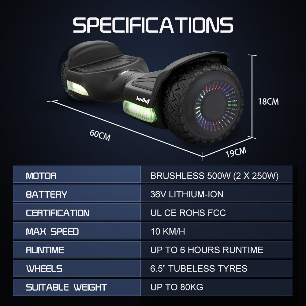 BULLET SX-2500 Hoverboard Scooter, 500W Brushless, UL Certified, AU Compliant, 6.5-inch Off-Road Style Tyres, Superior Self Balancing System, LED Lights, Black