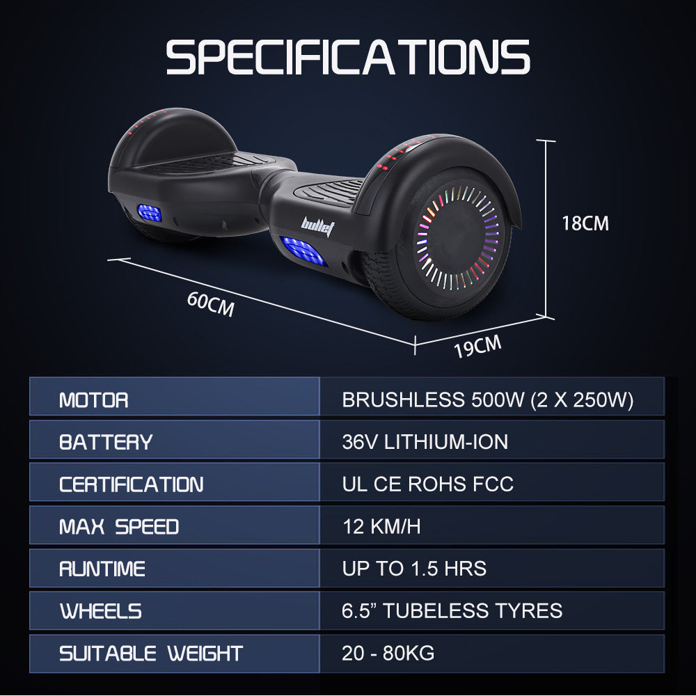 Bullet SX-2000 Hoverboard Scooter, 500W Brushless, Superior Self Balancing System, UL Certified, LED Lights, Black
