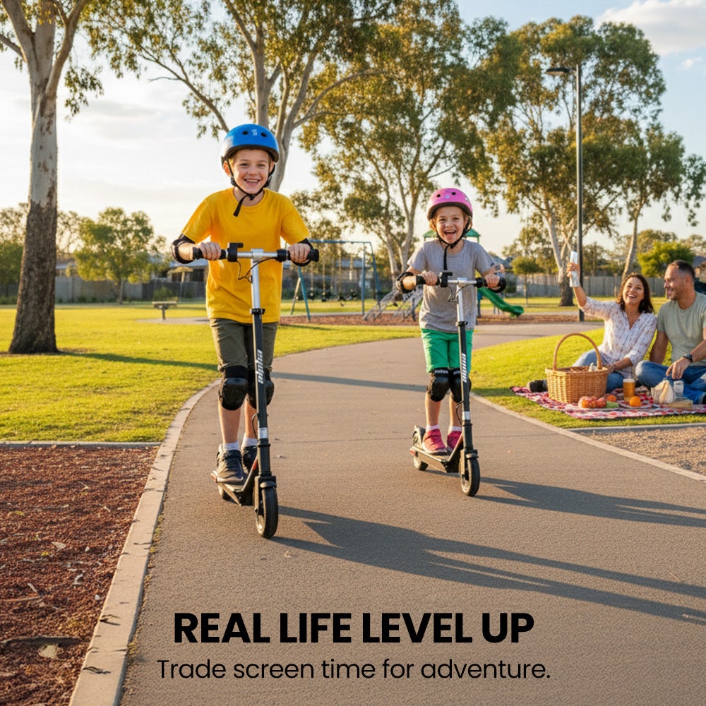 ALPHA Edge Electric Scooter, Kids & Teens, Adjustable Handlebars, 3 Speed Modes, Dual Foot E-Brake, Bluetooth Music, LED, Black