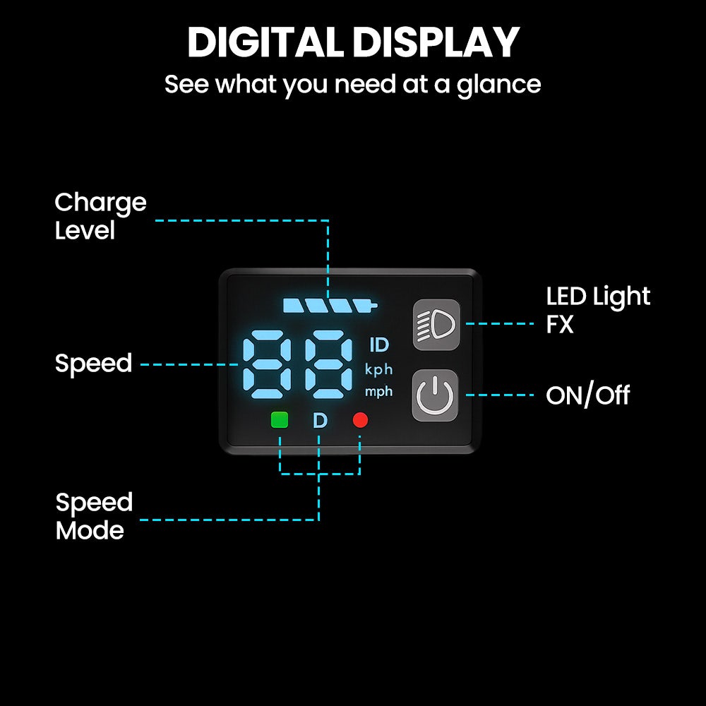 ALPHA Edge Electric Scooter, Kids & Teens, Adjustable Handlebars, 3 Speed Modes, Dual Foot E-Brake, Bluetooth Music, LED, Blue