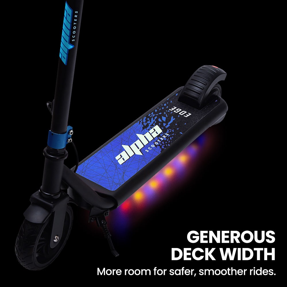 ALPHA Edge Electric Scooter, Kids & Teens, Adjustable Handlebars, 3 Speed Modes, Dual Foot E-Brake, Bluetooth Music, LED, Blue