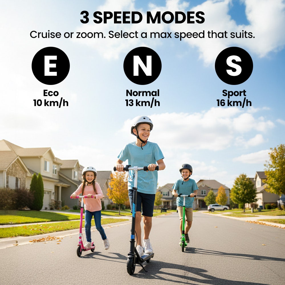ALPHA Edge Electric Scooter, Kids & Teens, Adjustable Handlebars, 3 Speed Modes, Dual Foot E-Brake, Bluetooth Music, LED, Blue