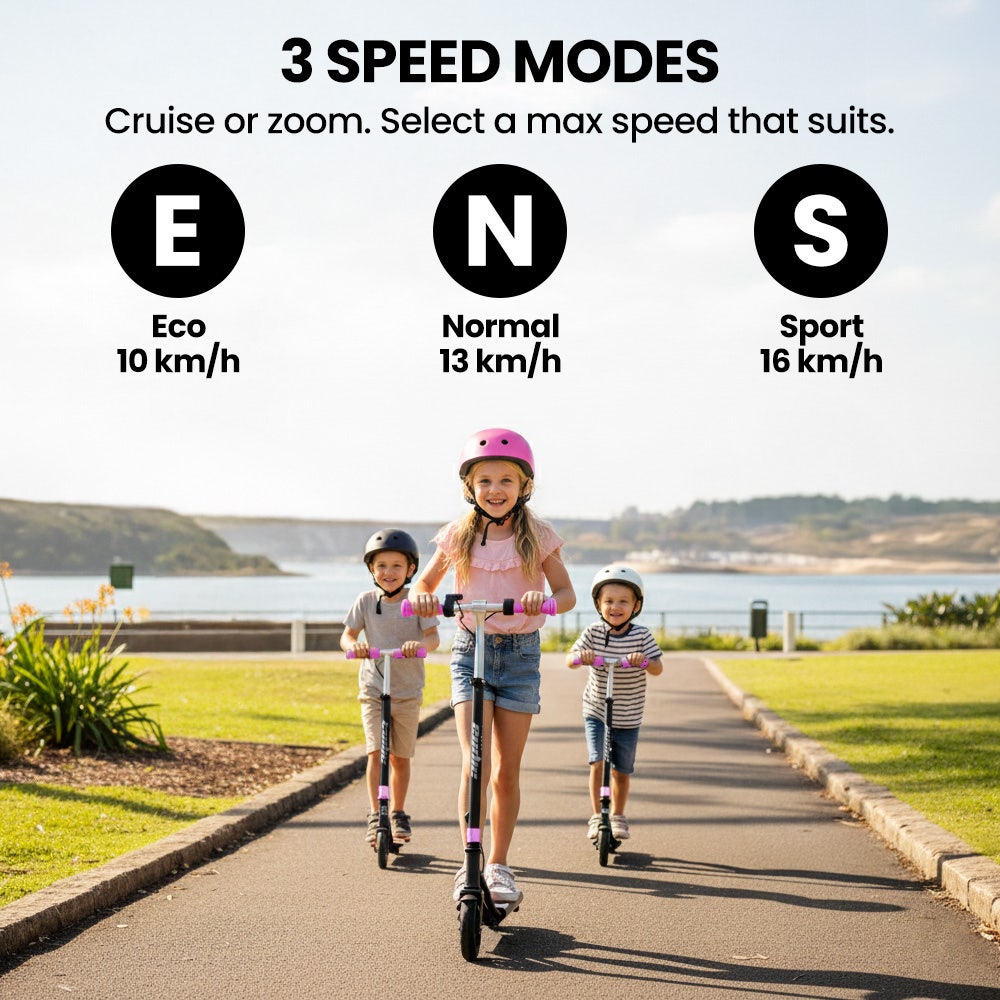 ALPHA Edge Electric Scooter, Kids Aged 6-12, Adjustable Height, 3 Speed Modes, Bluetooth, LED, Pink