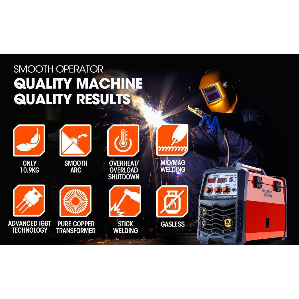 ROSSI 300 Amp MIG Stick Welder, Portable DC Gas Gasless Inverter Welding Machine, 15A Plug