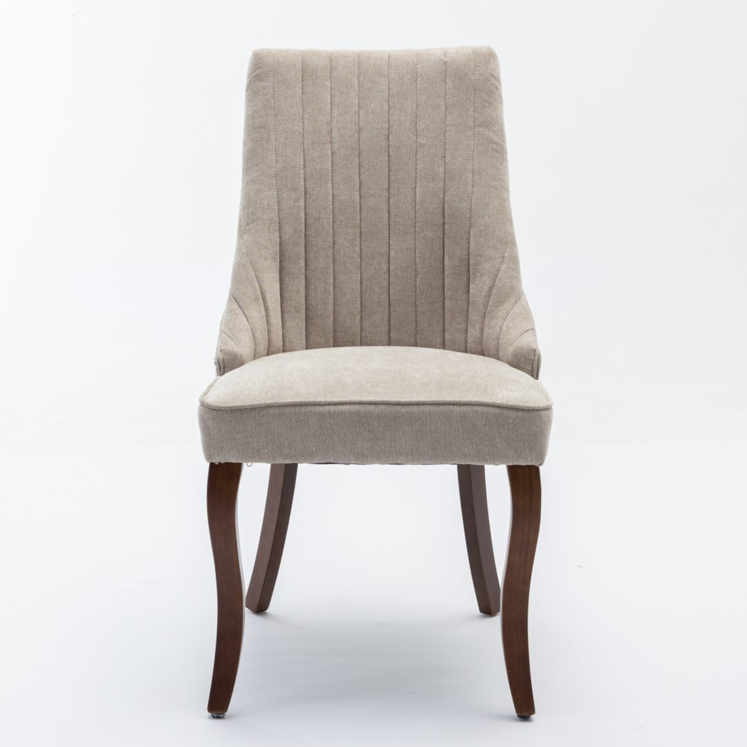 2x Fabric Channel Tufted Dining Chairs with Curved Wood Legs -Beige
