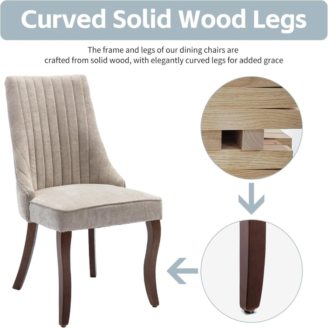 2x Fabric Channel Tufted Dining Chairs with Curved Wood Legs -Beige
