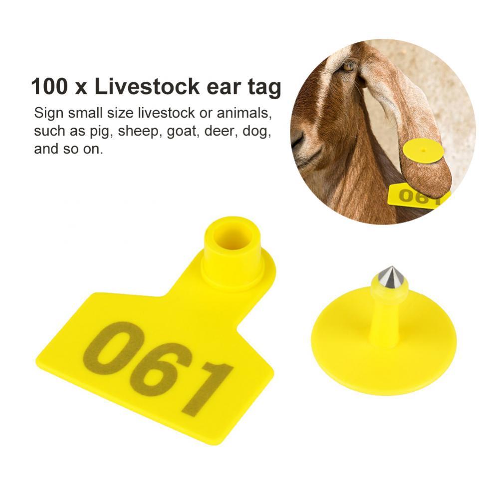 1-100 Cattle Number Ear Tags 5x4cm Set - Small Yellow Pig Goat Livestock Label