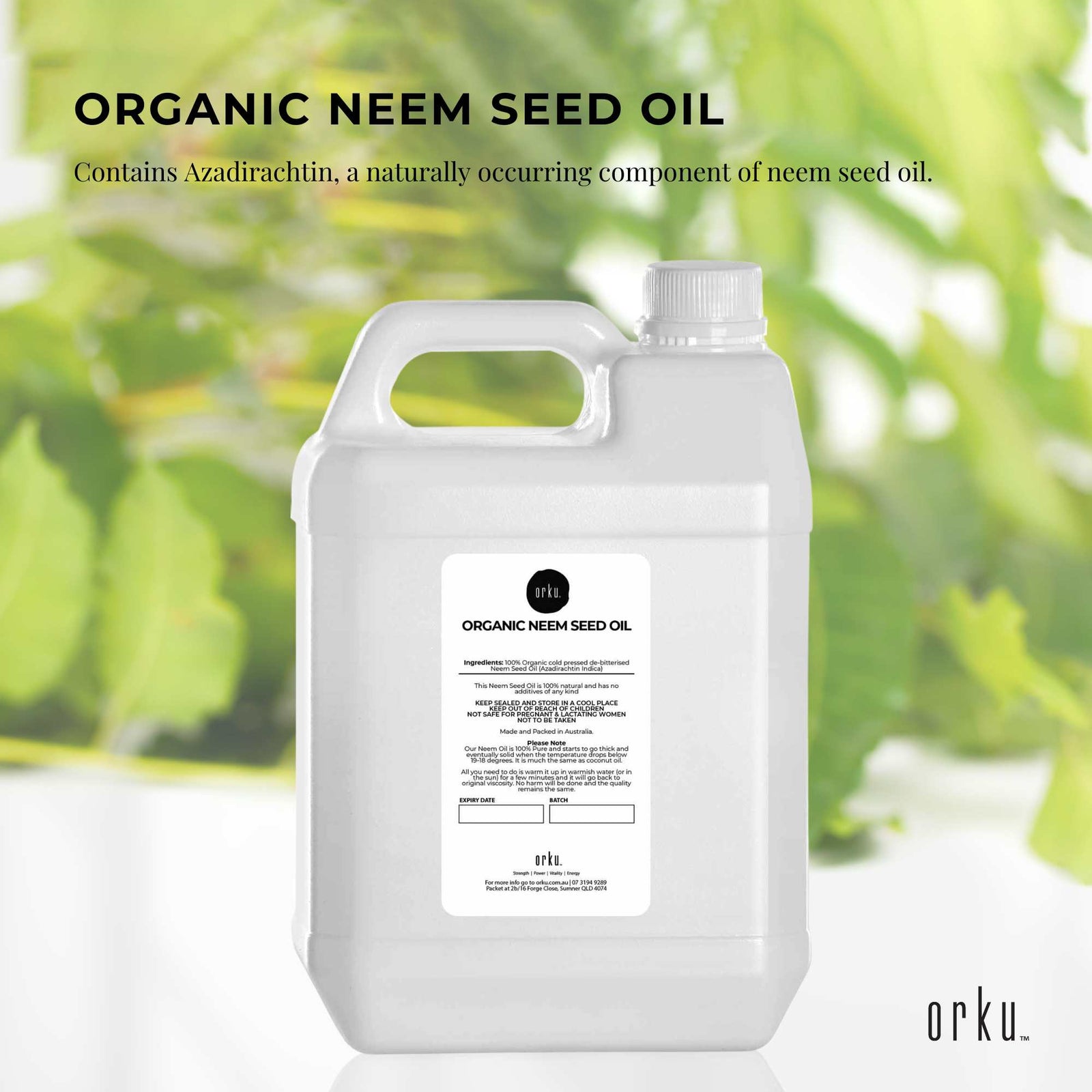 Orku 5L Organic Neem Seed Oil - Debitterised Cold Pressed Azadirachtin Indica
