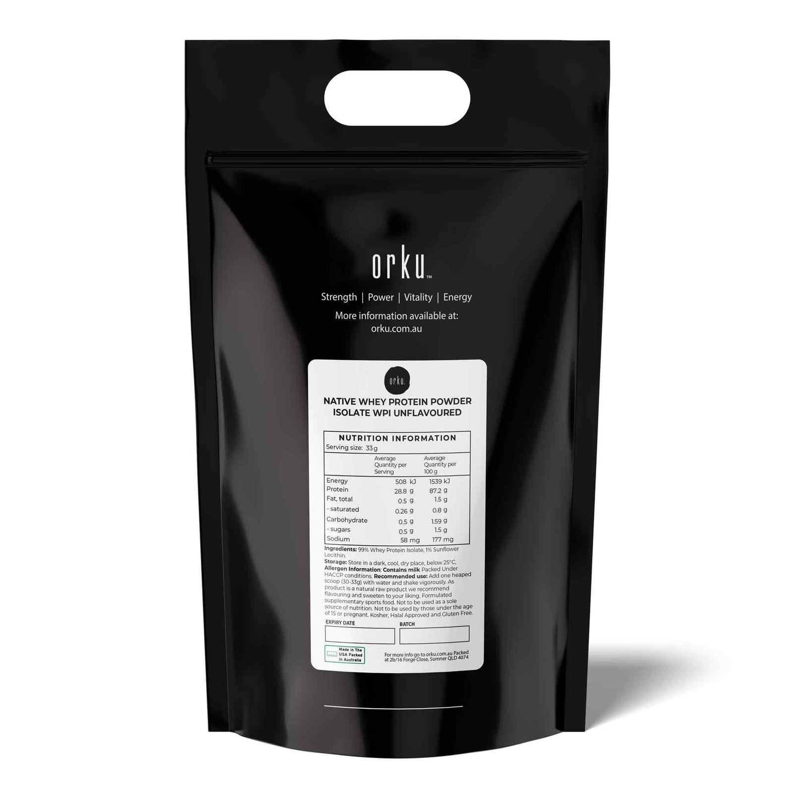 Orku 20Kg WPI Whey Protein Isolate Powder - Unflavoured Native Bag Bulk
