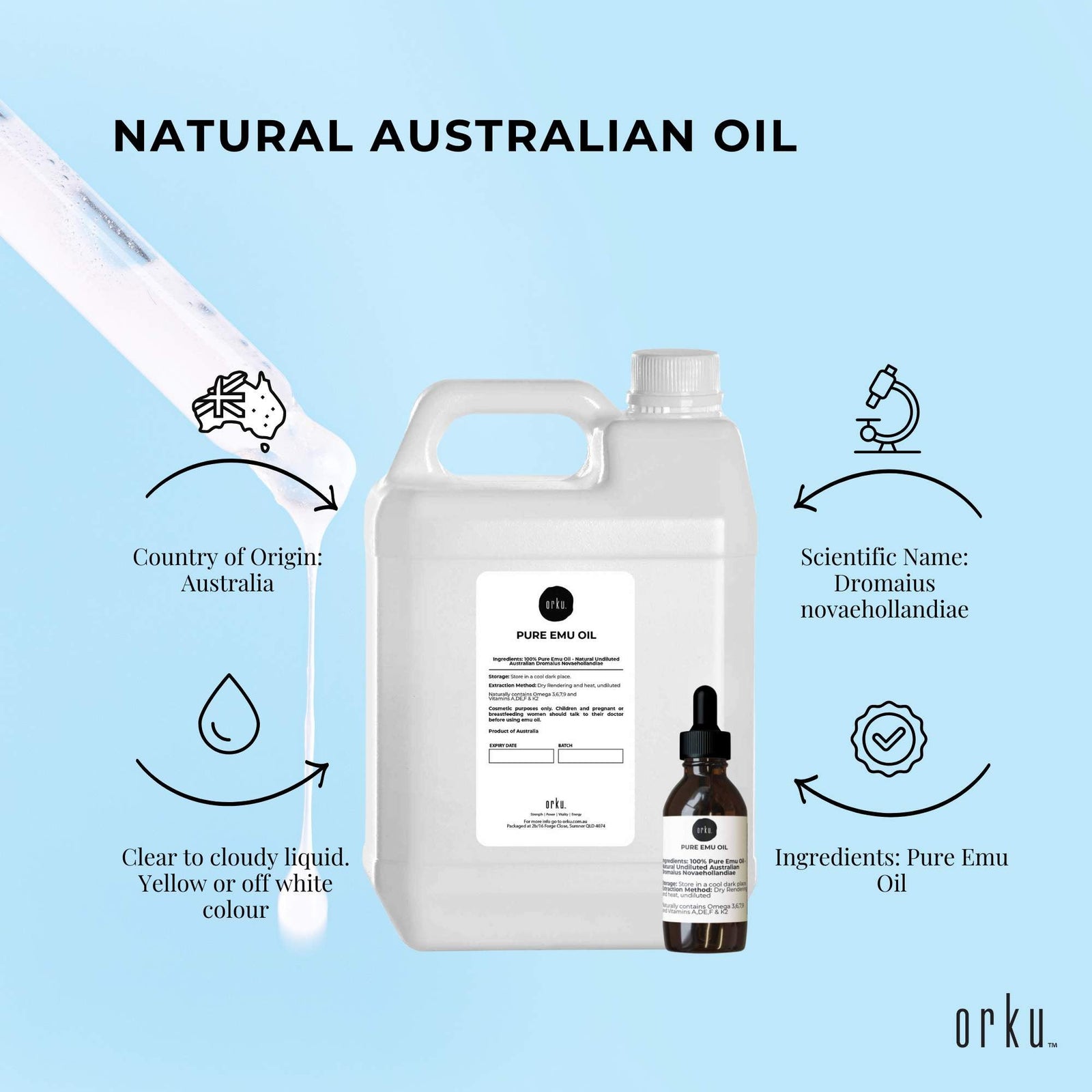 Orku 5L Pure Emu Oil + Bonus 25ml Bottle - Australian Dromaius Novaehollandiae