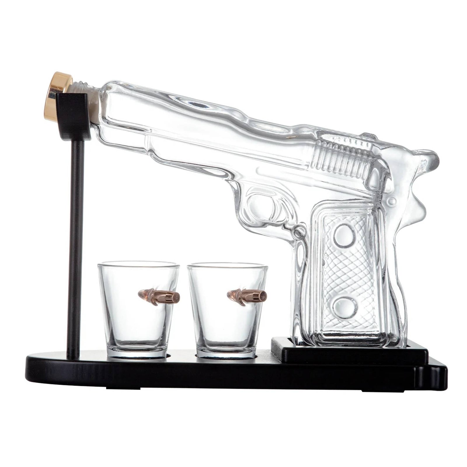 1.2L Whisky or Wine Decanter Glass Pistol Set - 2 Shot Glasses + Wooden Stand