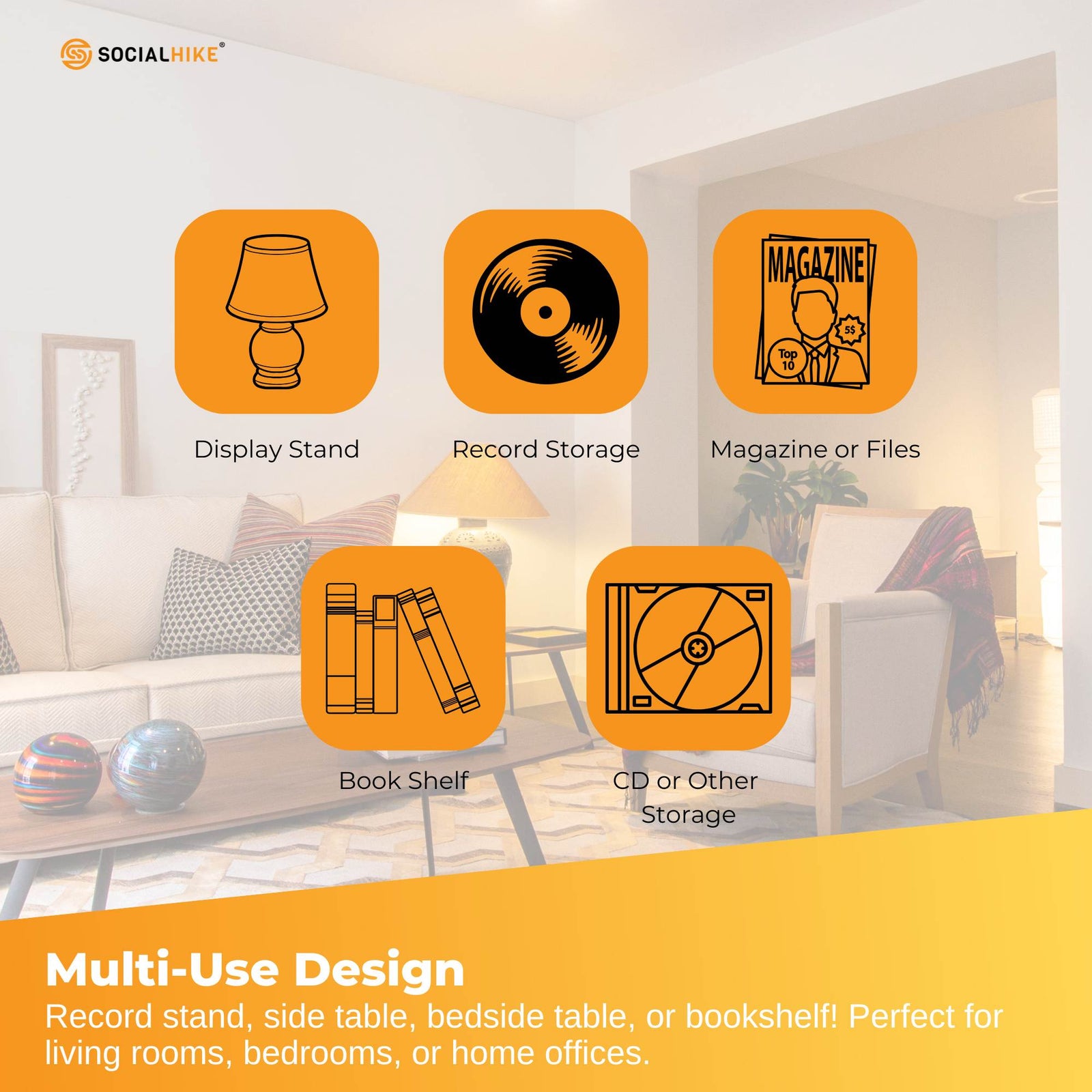 Social Hike Turntable Player Stand & Vinyl LP Record Album Storage - Black Metal