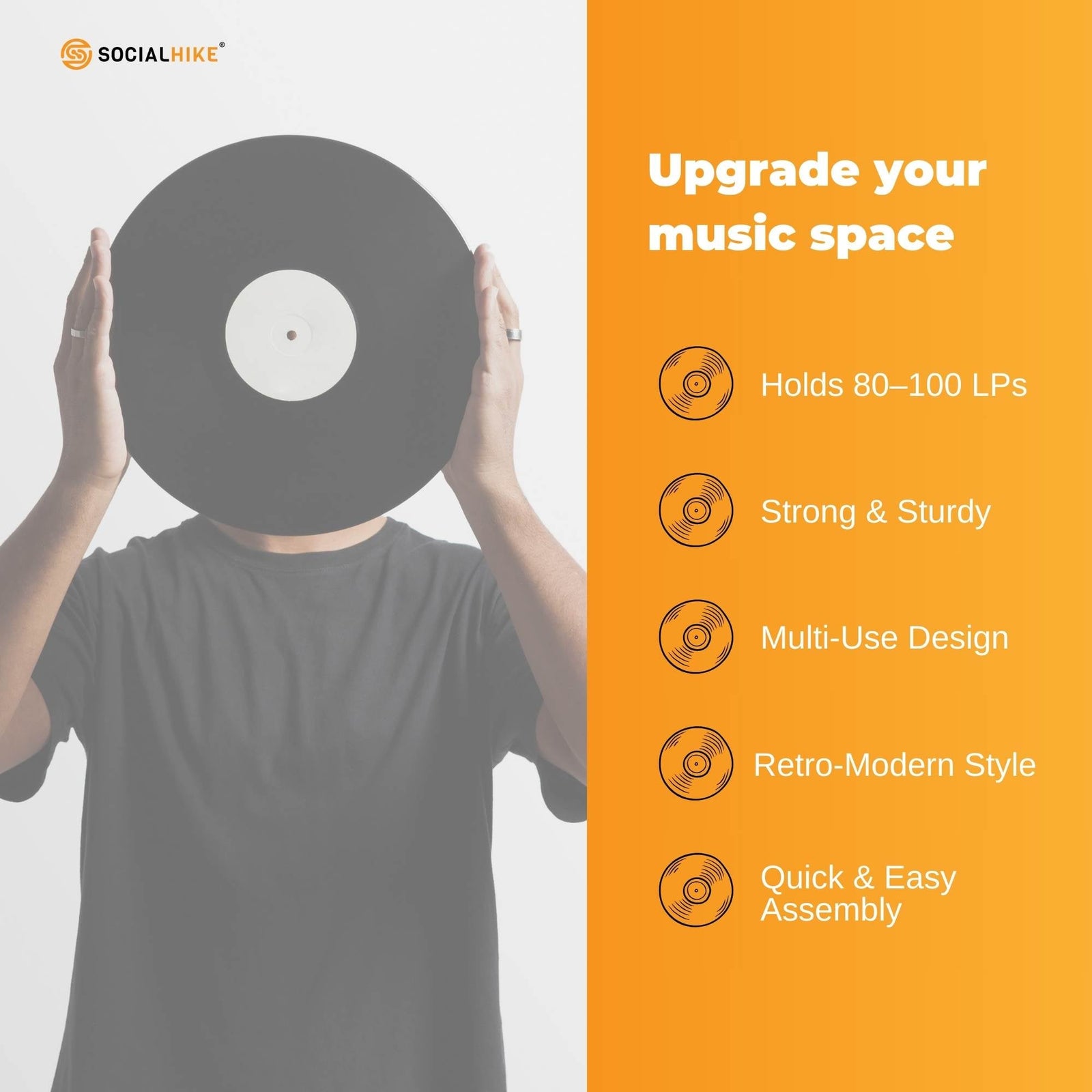 Social Hike Turntable Player Stand & Vinyl LP Record Album Storage - Black Metal