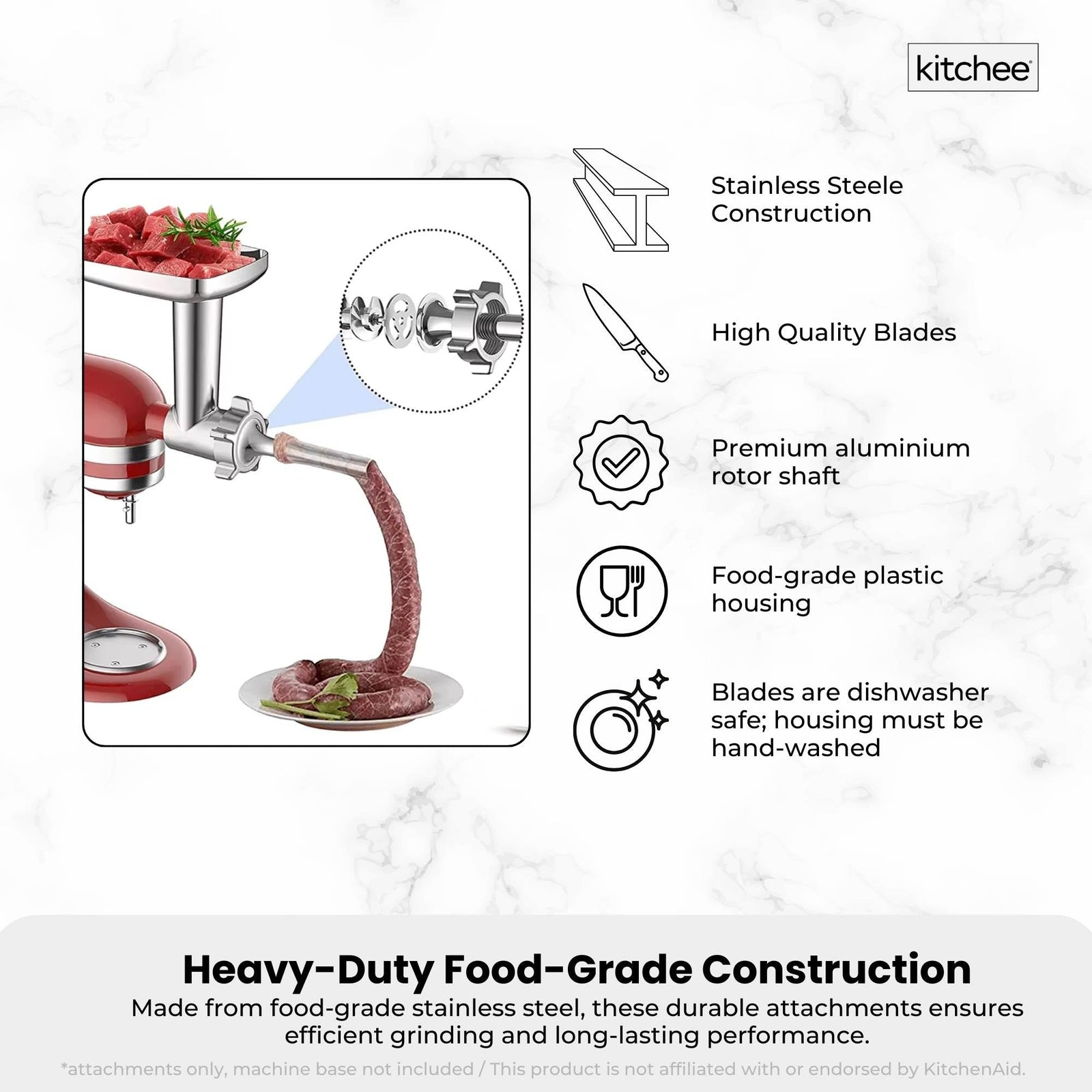 Kitchee Meat Food Grinder Sausage Attachment - Compatible with KitchenAid Mixers