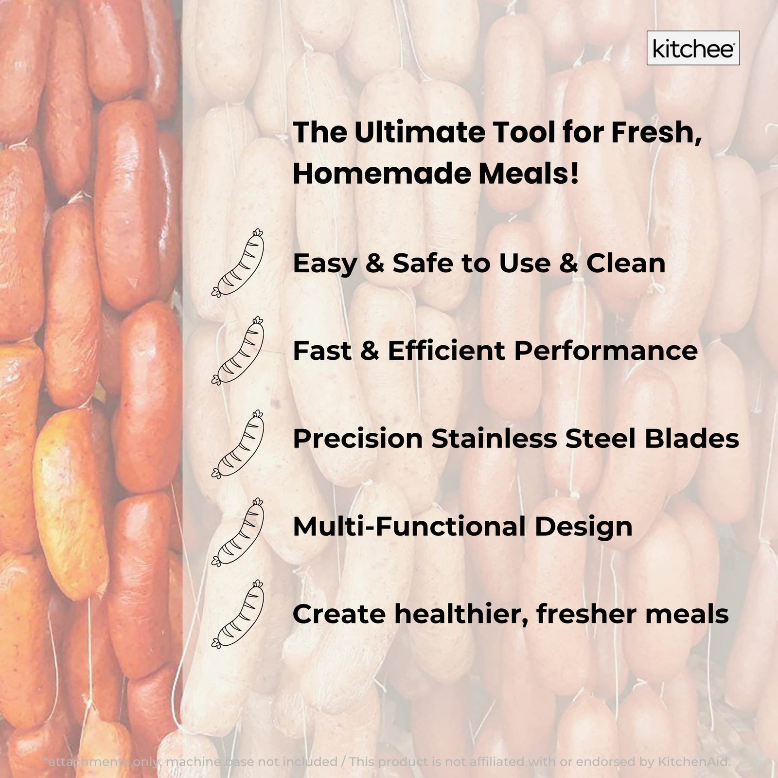 Kitchee Meat Food Grinder Sausage Attachment - Compatible with KitchenAid Mixers