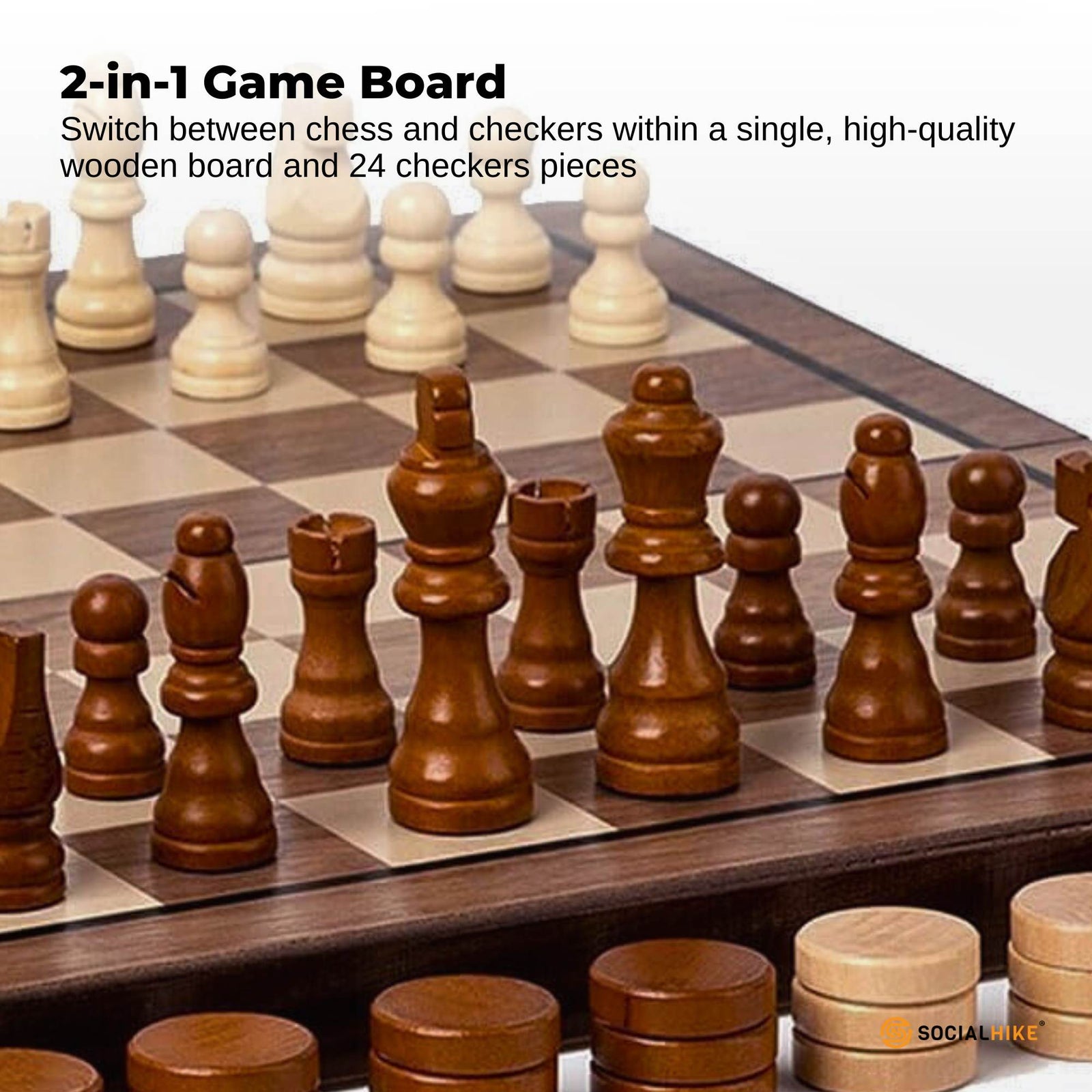 Social Hike Wooden Chess & Checkers 2 in 1 – Magnetic Travel Foldable Board Game